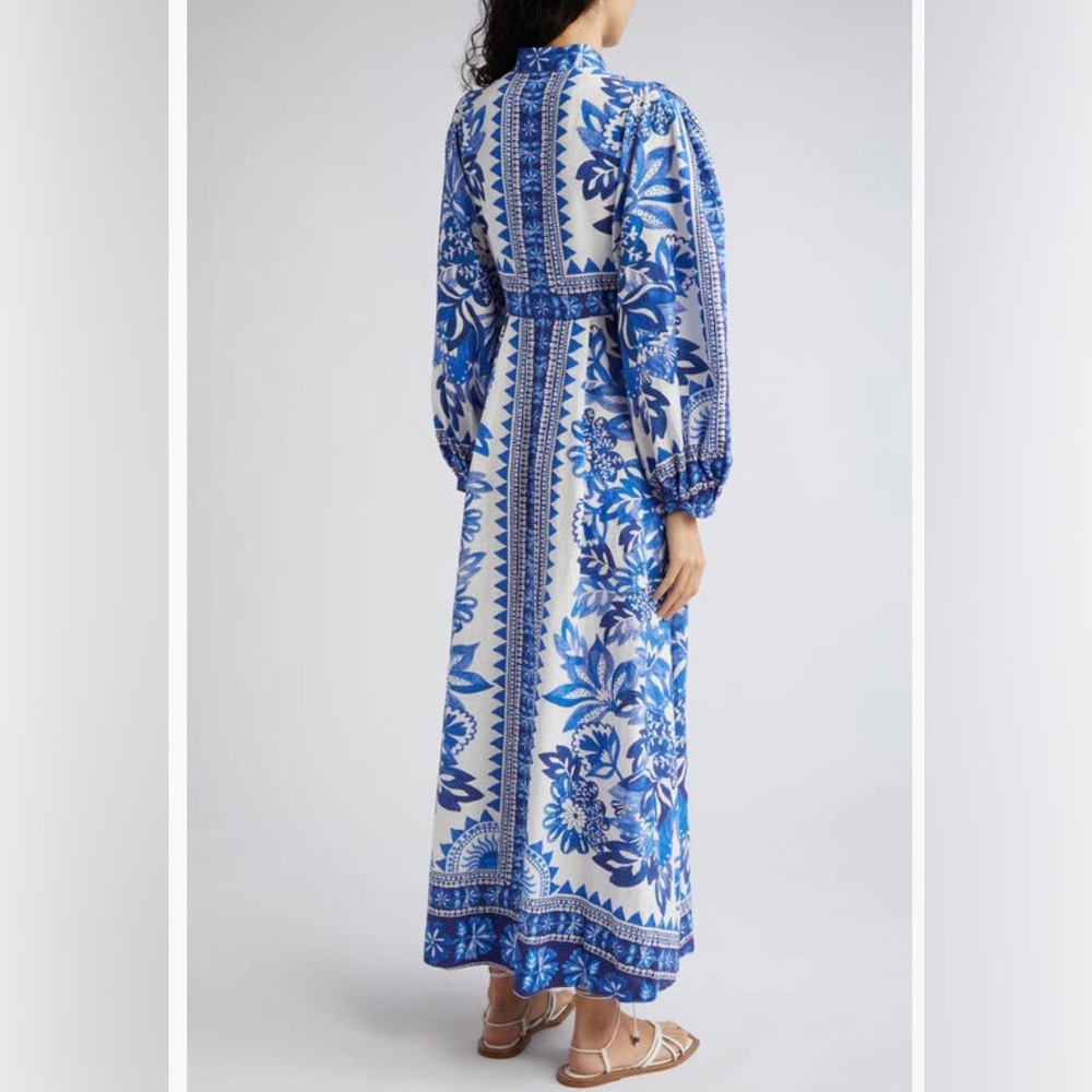 NWT $315 FARM Rio Flora Tapestry Long Sleeve Linen Blend White/Blue Shirtdress! - Picture 2 of 8